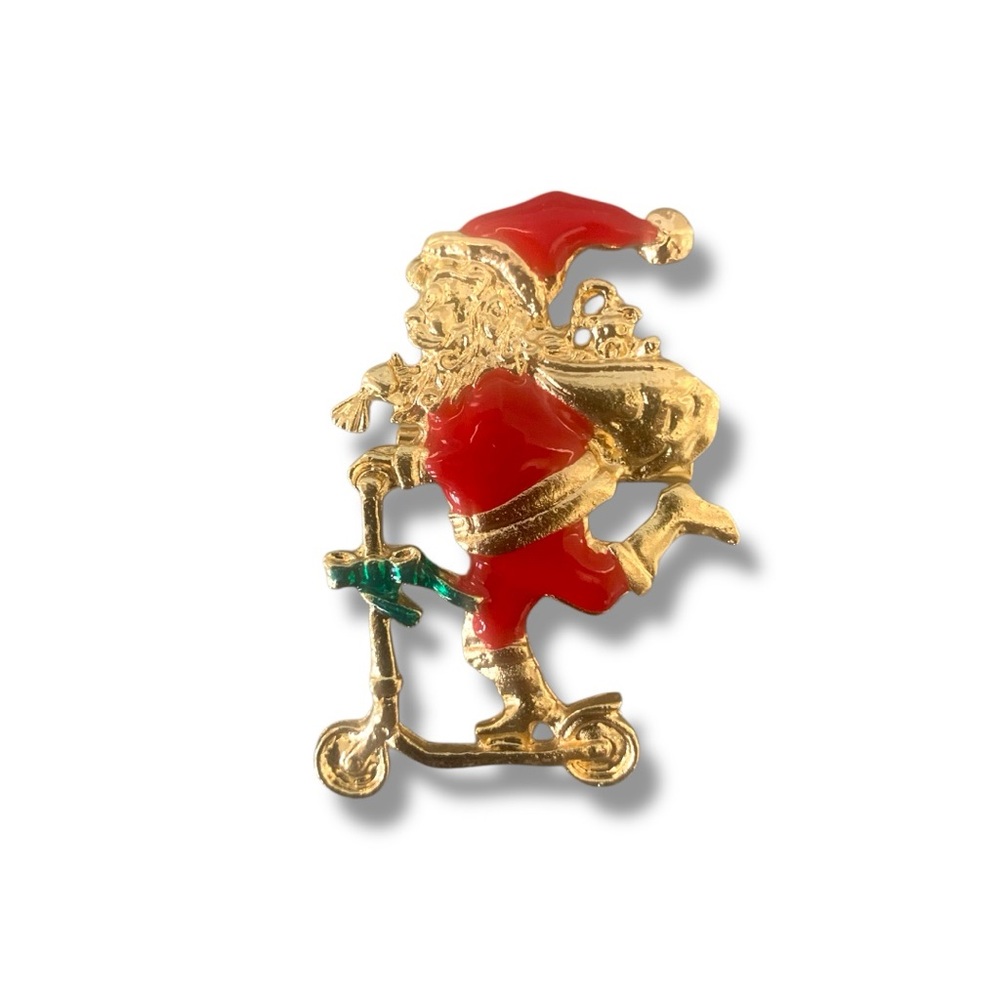 Women’s Christmas Brooch Santa Claus on Scooter with Toy Bag Gold Holiday Pin